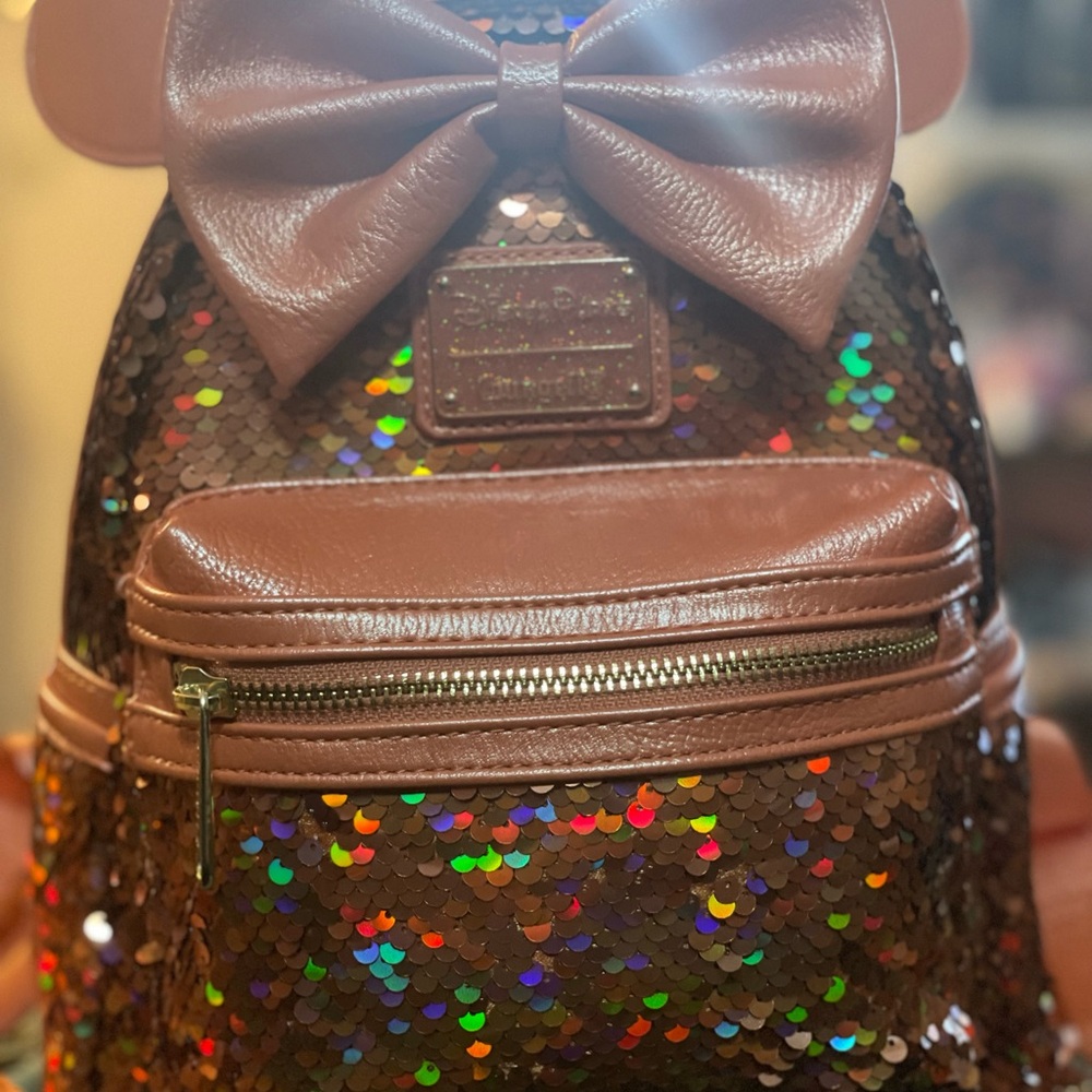 Loungefly Disney Parks Iridescent Sequin Bow Ears Backpack - Picture 2 of 8